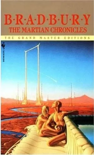 The Martian Chronicles by Ray Bradbury - book cover - two Martians on a small watercraft, the landscape of Mars behind them