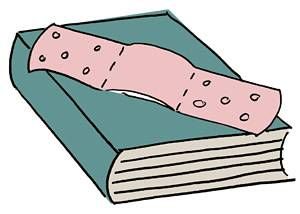 injured book, book band-aid, sad book