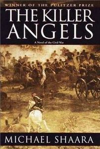 cover of The Killer Angels by Michael Shaara; old painting of the fighting at Gettysburg