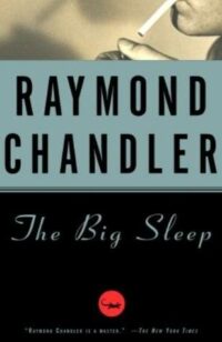 cover of The Big Sleep by Raymond Chandler, a black cover with a black and white cropped image of a mouth with an unlit cigarette at the top