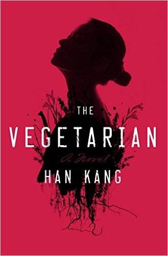 cover of the vegetarian by han kang, featuring a bust of a woman in shadow, surrounded by wheat stalks on a red background