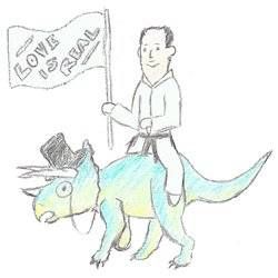 Chuck Tingle illustrated author photo of him in Tae Kwon Do attire, riding a triceratops with a top hat and monocle. Tingle is holing a sign that says, "Love is Real."