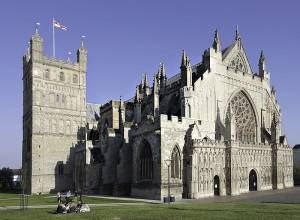 Exeter Cathedral. The current structure was completed c. 1400 and was partially destroyed during World War II.