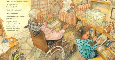 The inside of the book, In Plain Sight, shows an elderly man in a wheelchair with a young girl.