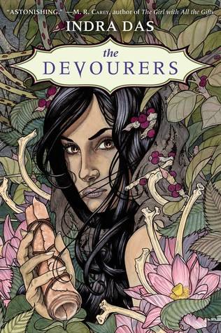 cover of The Devourers by Indra Das, featuring illustration of person with long black hair peering through green leaves and pink flowers
