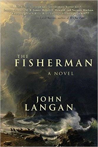 cover of Fisherman by John Langan, featuring an oil painting of men dragging a canoe to shore under ominous clouds and roiling waves