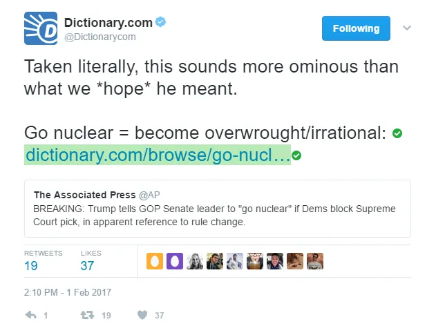 Dictionary.com tweet with definition for "go nuclear"