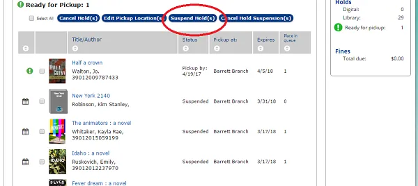 Screenshot of Library Hold List with Suspend Holds Feature