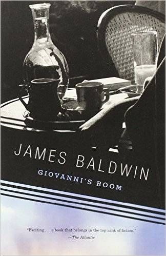 cover of Giovanni's Room by James Baldwin: black and white image of a water jug, creamer, and coffee mug on a tray with a wicker chair in the background