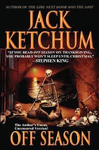 cover of Off Season by Jack Ketchum, featuring a cauldron full of bones over a fire, with lots of skulls and bones on the ground around it