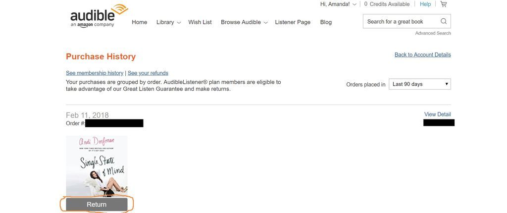 Image of Purchase History page on Audible.com, showing where the "return" button is at the bottom of the cover of a given audiobook
