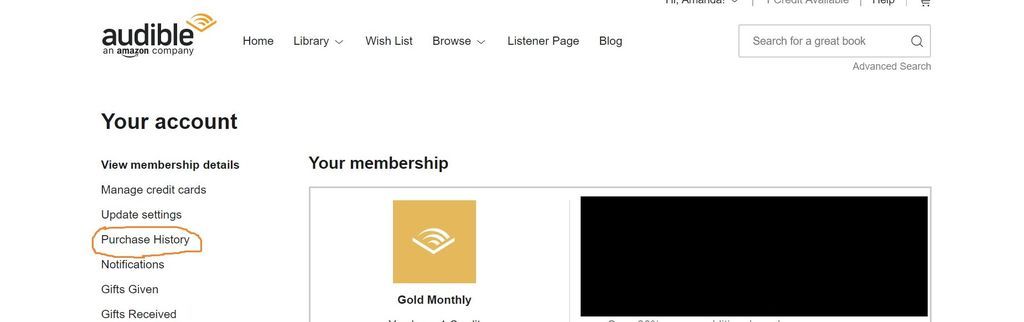 Screenshot from Audible, showing where to locate purchase history on lefthand side of page