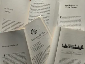 Five open books spread out to show short memoirs listed in the article