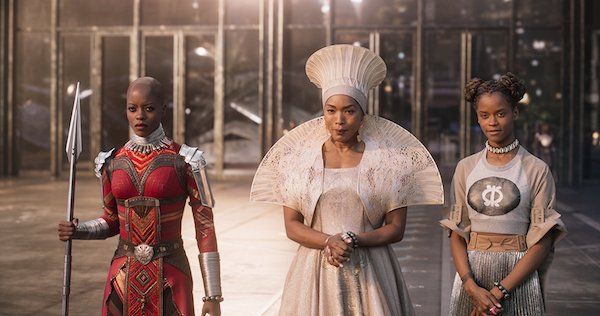 Ramonda, Shuri and Nakia await T'Challah's ship in the Black Panther movie.