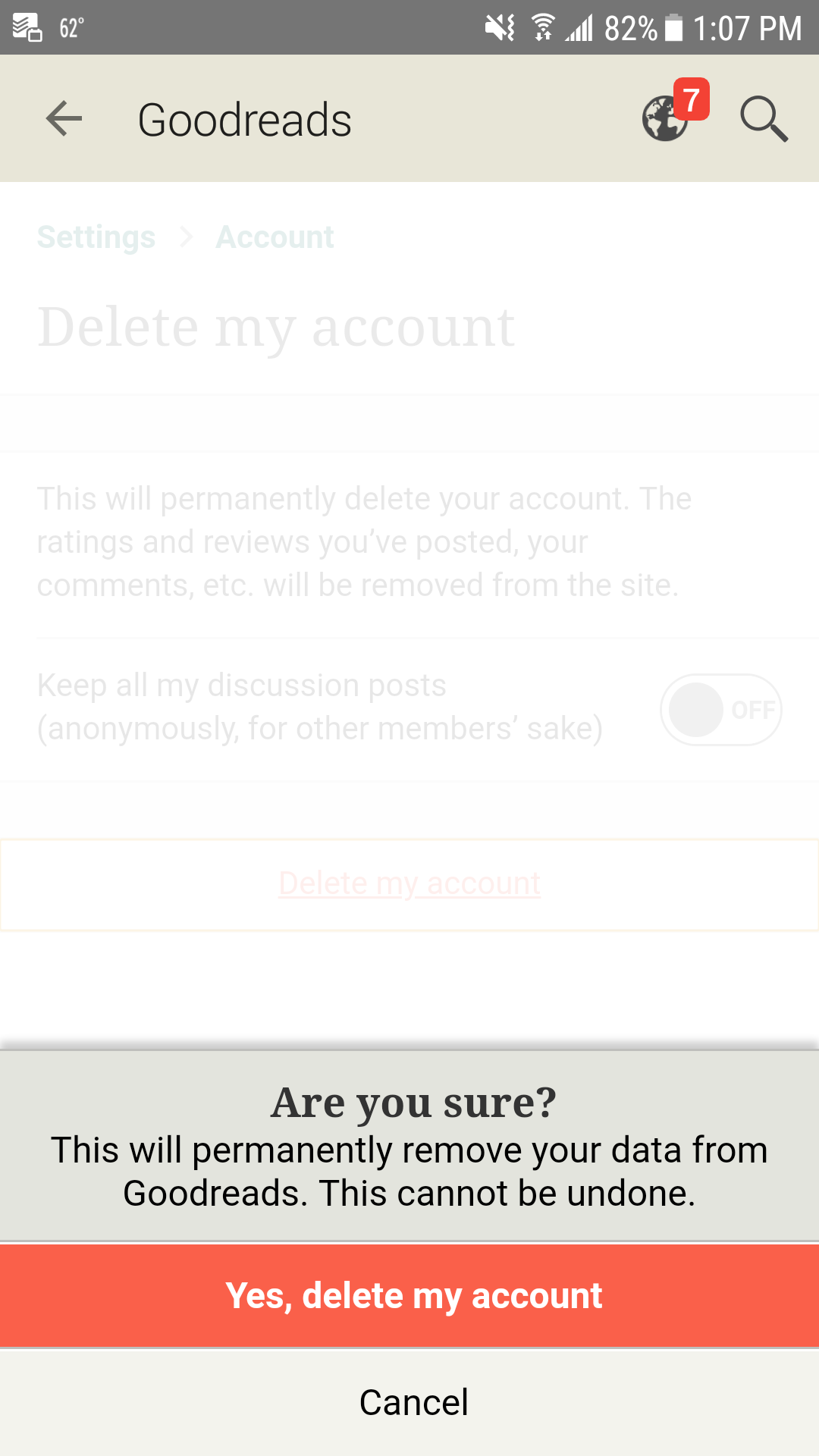 Goodreads Mobile Confirm Delete Your Account