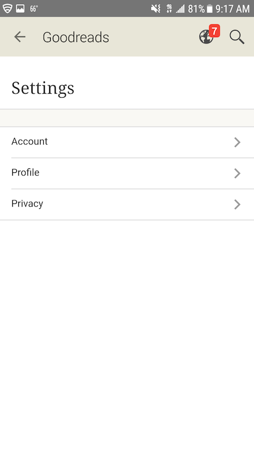 Goodreads Mobile Account Page