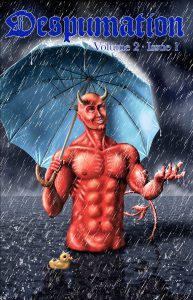 Despumation volume two cover (red devil holding umbrella in rain with yellow rubber ducky floating by)