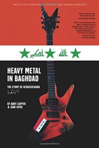 heavy metal in baghdad cover (red electric guitar over Iraqi flag background)