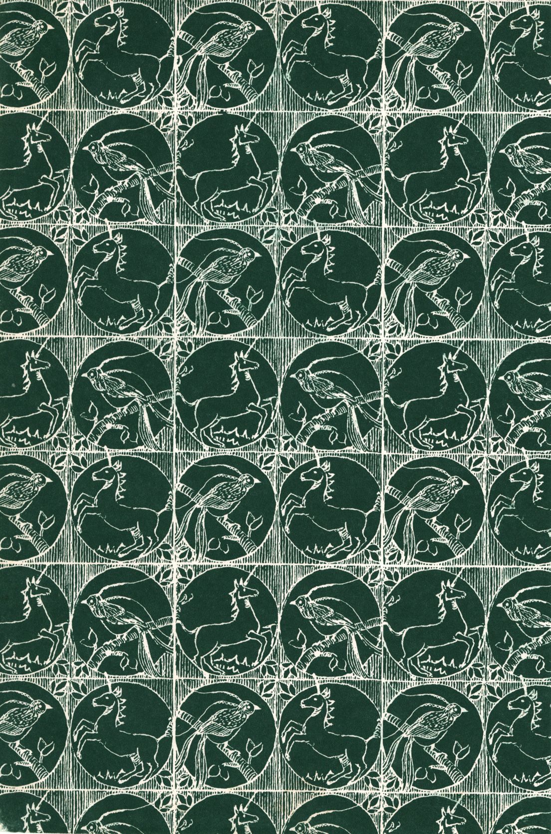 Green and white endpaper unicorn motif