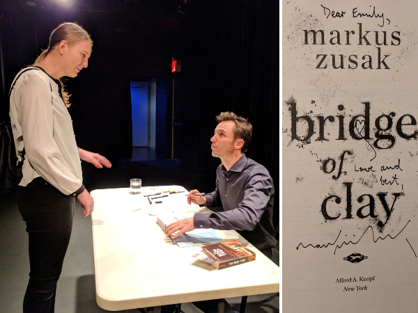 Collage of me meeting Markus Zusak at the New York launch of Bridge of Clay and the page he signed in my copy of the book.