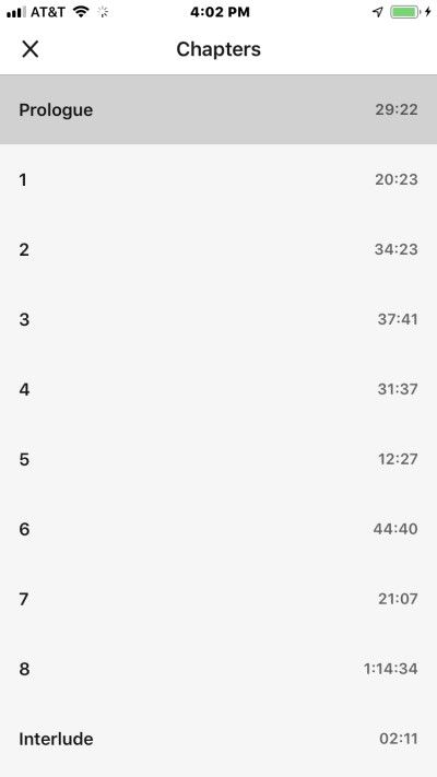 Screenshot demonstrating audiobook chapter track listings on Audible
