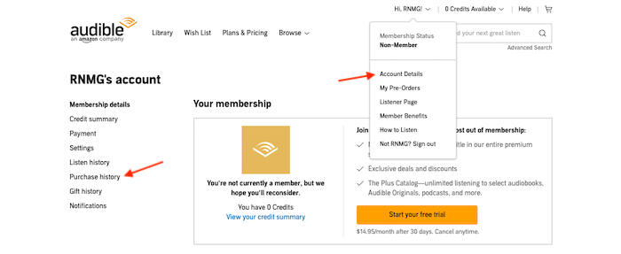 screenshot of Account Summary page in an Audible member account