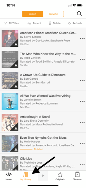 screenshot of a user's library in the Audible app