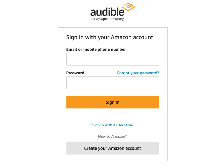 screenshot of Audible account login page, current as of 2022