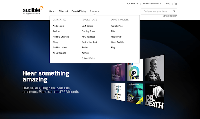 screenshot of Browse menu at Audible.com, which expands to include sub menus of Get Started, Popular Lists, and  Explore Audible