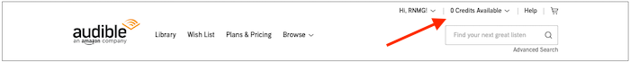 screenshot of Audible account summary showing number of credits available