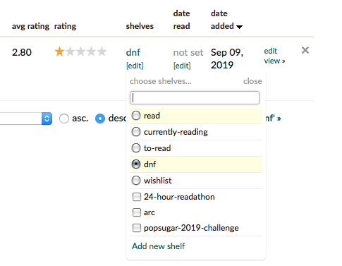 A screenshot of the Goodreads shelving system