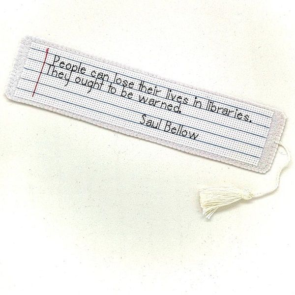 Hand embroidered bookmark with a quote of Saul Bellow by EasyToMakeDesigns