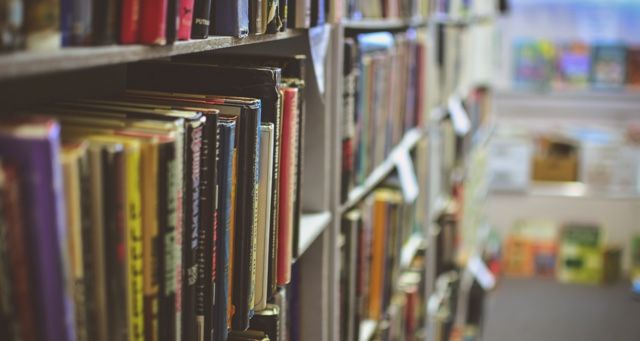 image of books on a shelf at a library