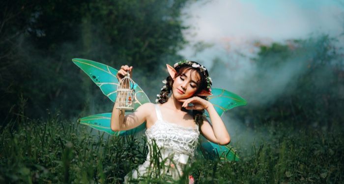 woman dressed as a fairy in a meadow