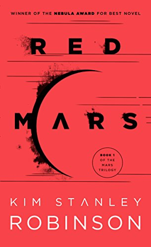 cover image of Red Mars by Kim Stanley Robinson: simple black line illustrations of half a planet against a red background