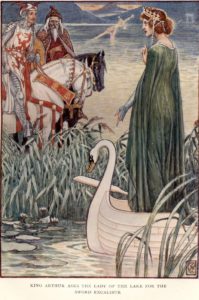 Illustration by Walter Crane, https://commons.wikimedia.org/wiki/File:CRANE_King_Arthur_asks_the_lady_of_the_lake_for_the_sword_Excalibur.jpg