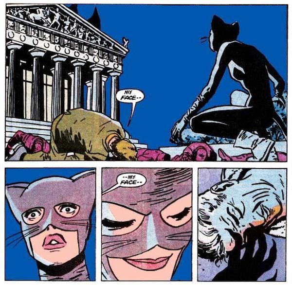 comic panels with Catwoman crouching over a man lying on the ground
