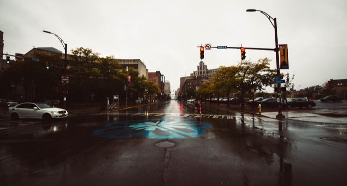 rainy city street in rochester new york