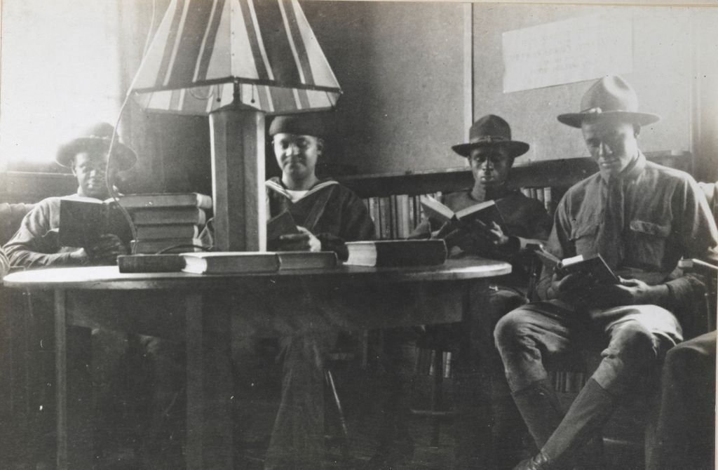 African American Soldiers at a camp library- Newport, A.L.A. archives, from the National Archives