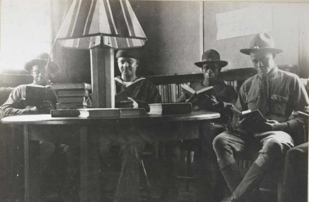 African American Soldiers at a camp library- Newport, A.L.A. archives, from the National Archives
