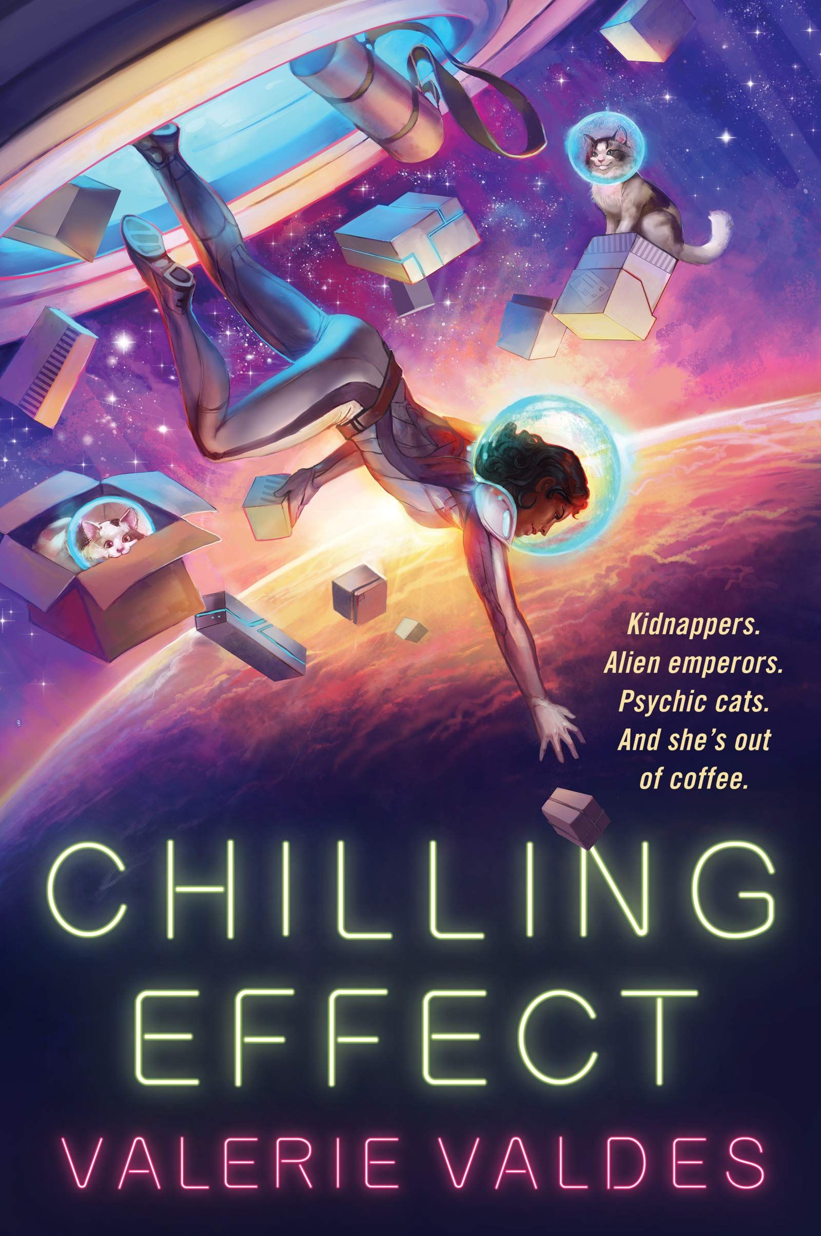 The cover of Chilling Effect, including two cats in space wearing spacesuit helmets