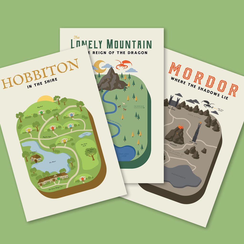 Travel poster-style illustrations of Hobbiton, The Lonely Mountain, and Mordor