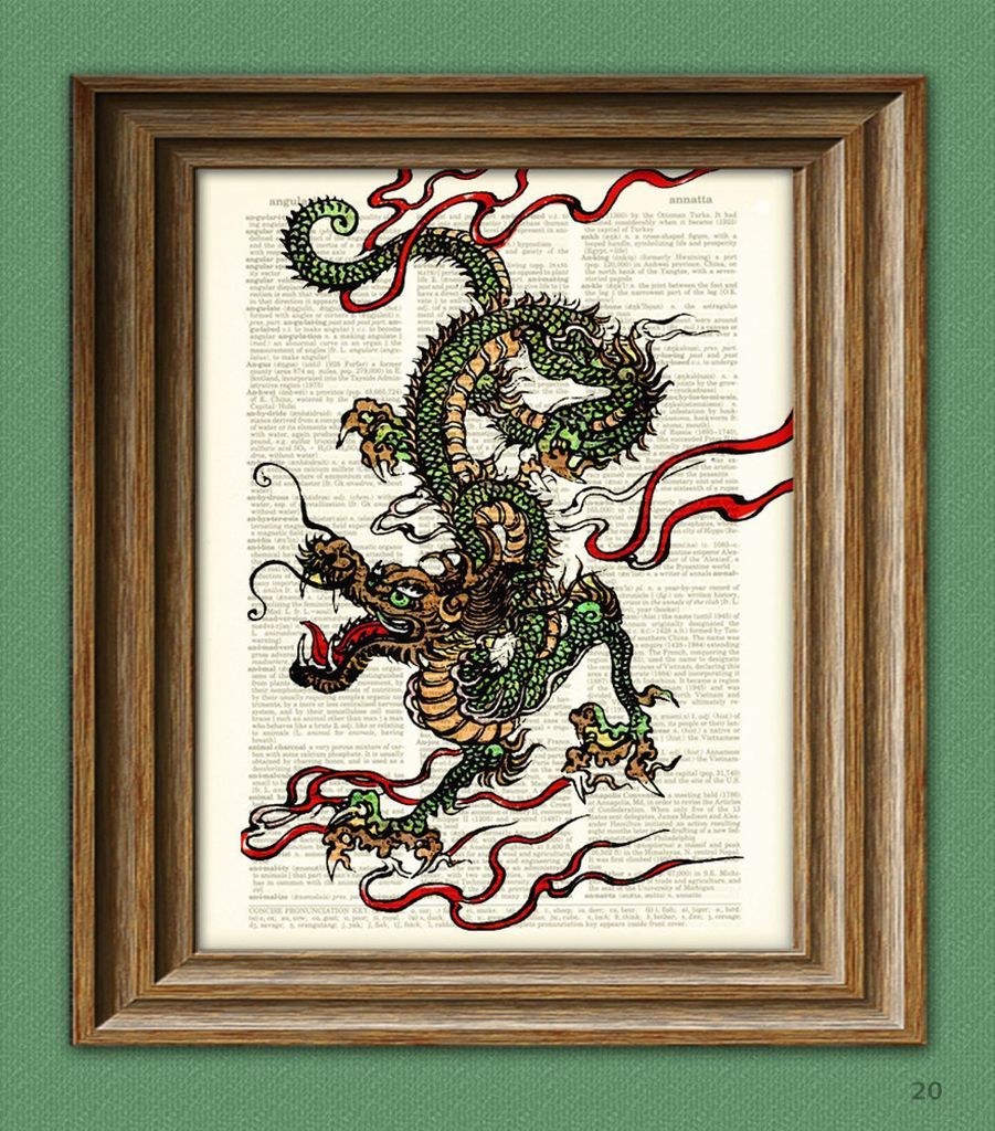 Chinese dragon print with upcycled dictionary pages 