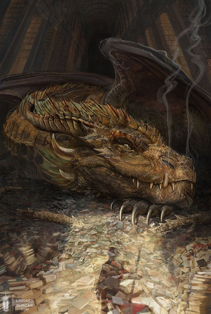 An art print of a dragon guarding their library