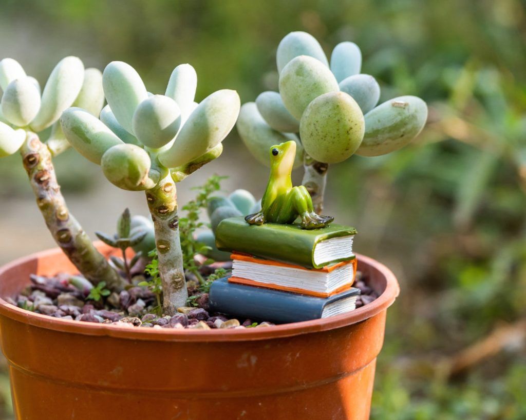 Miniature frog figurine sitting on a stack of resin books