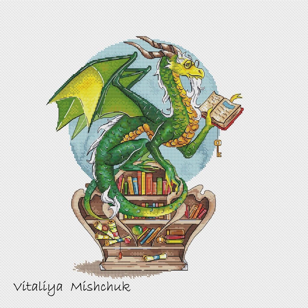 Cross-stitch pattern of a dragon reading, perched on a bookcase