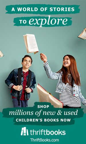 two teenagers admiring several books suspended in midair. Text reads "A world of stories to explore" and "shop millions of new and used children's books now" and "thrift books." Background is green.