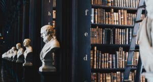 Bookshelves and statue busts for philosophy feature