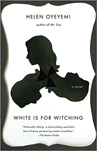 cover of White is for Witching by Helen Oyeyemi, featuring silhouette of three faces in a pinwheel pattern
