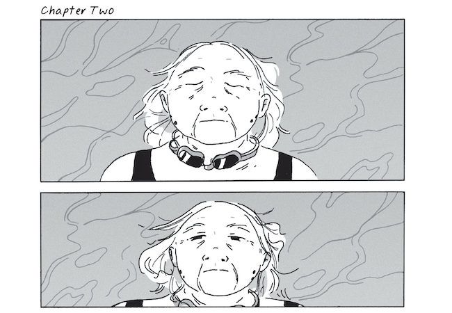 Two panels from Shadow Life, showing Kumiko floating face up in the pool